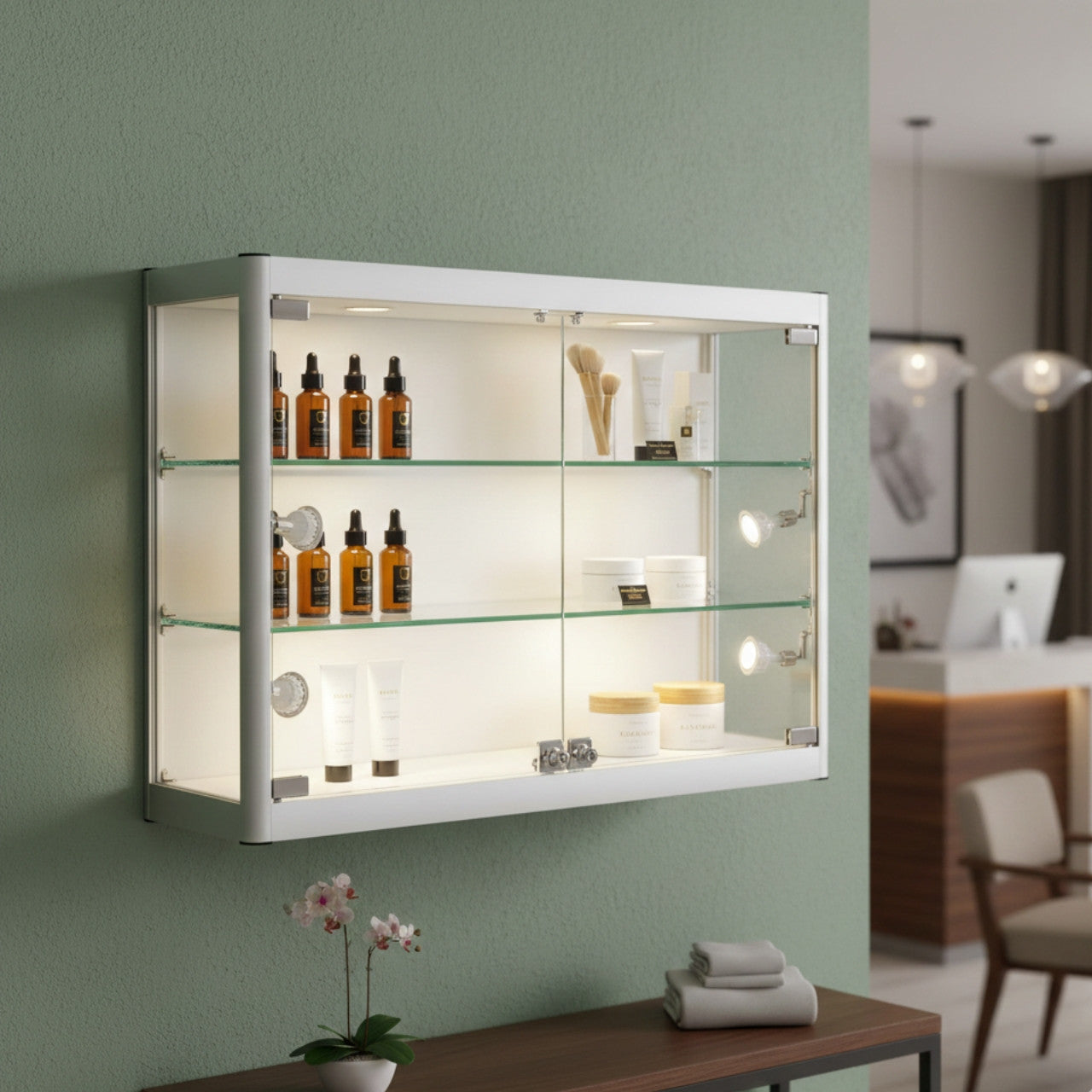 Wall Mounted Skyline Aluminium Showcase Glass Display - W800mm