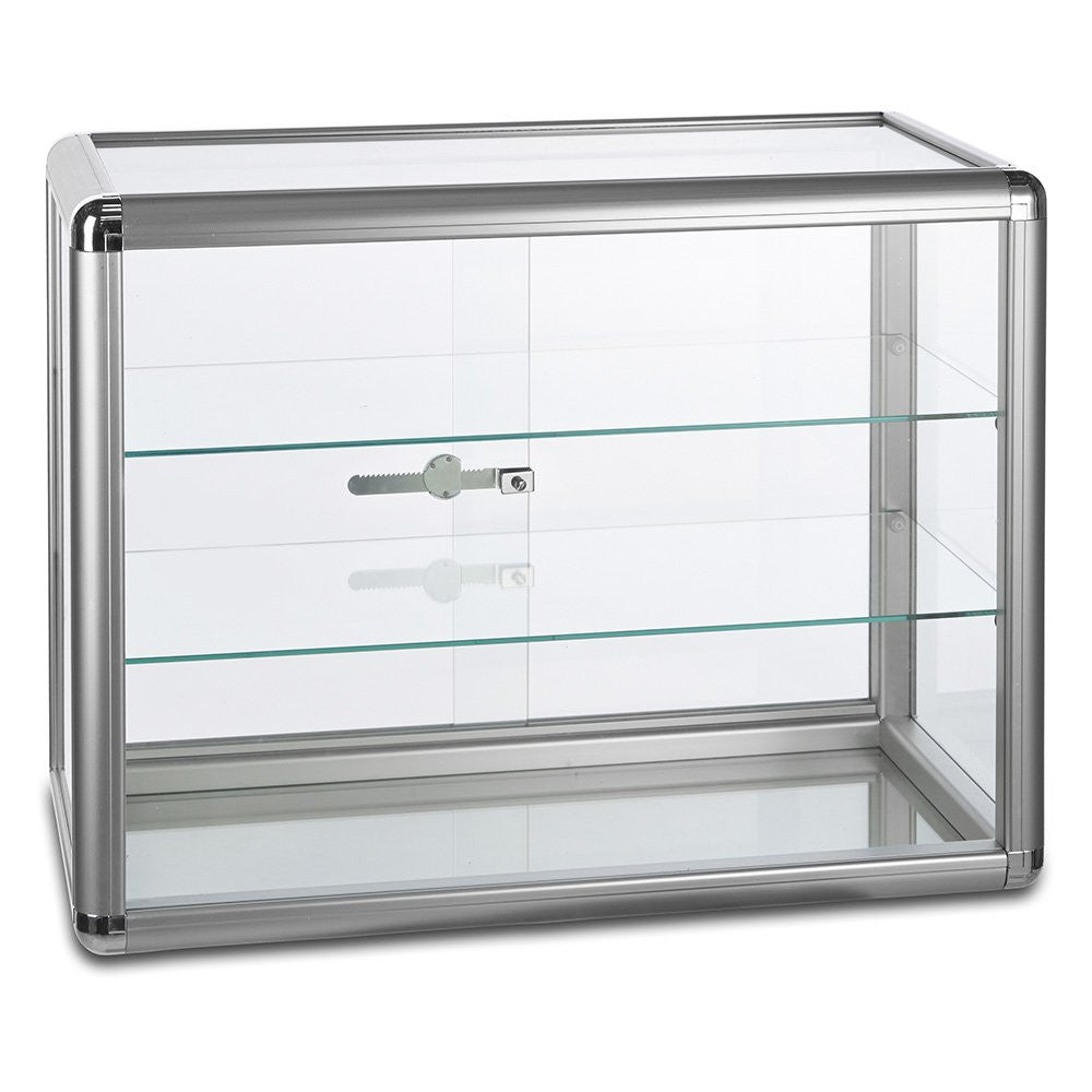 Aluminium/Glass Countertop Display Cabinet with 2 Glass Shelves and Lock - Silver