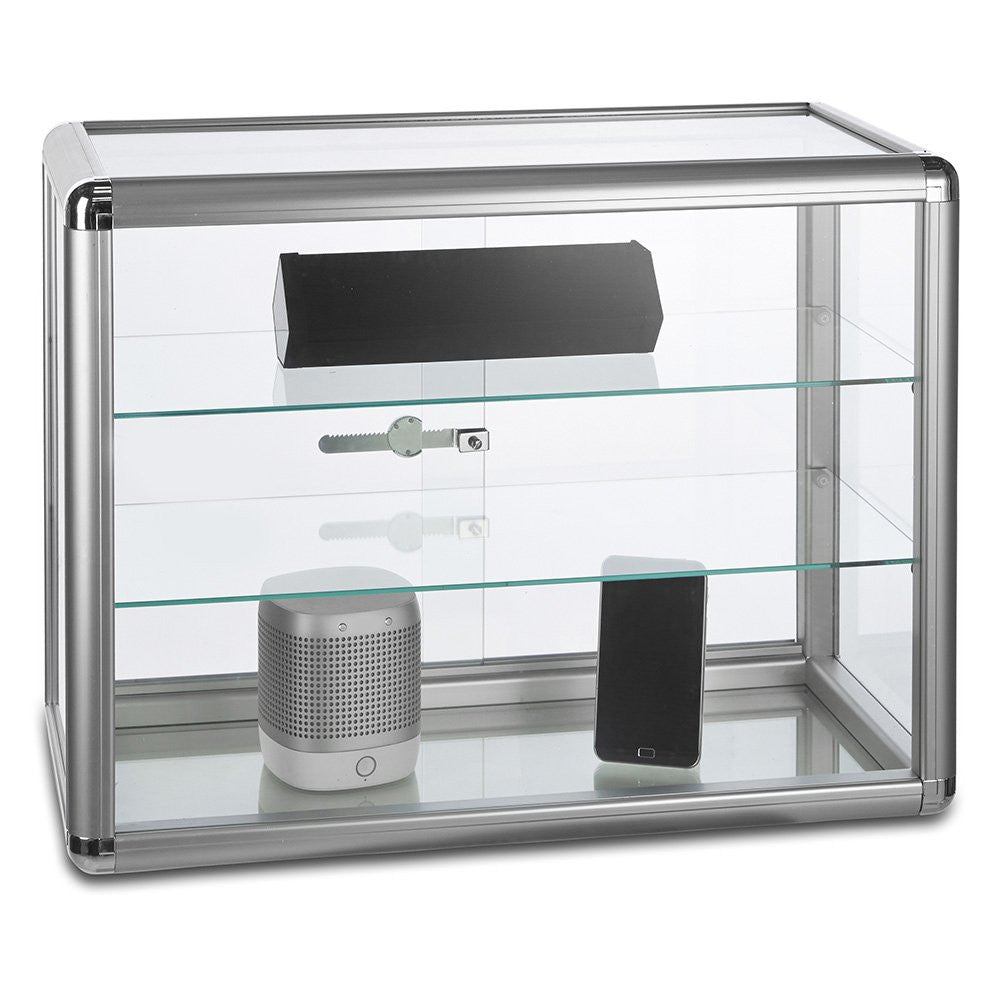 Aluminium/Glass Countertop Display Cabinet with 2 Glass Shelves and Lock - Silver