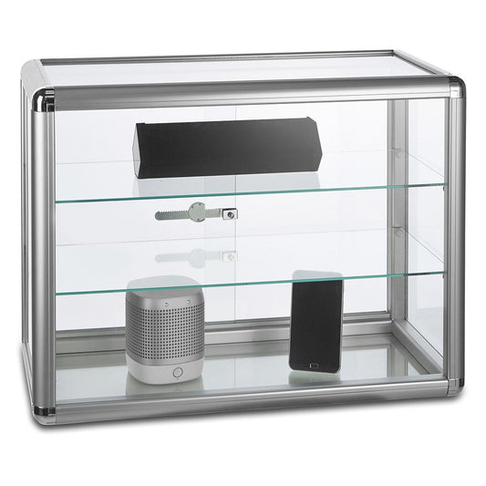 Aluminium/Glass Countertop Display Cabinet with 2 Glass Shelves and Lock - Silver