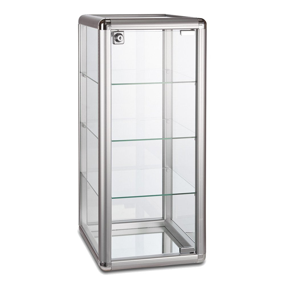Aluminium/Glass Countertop Display Cabinet with 3 Glass Shelves and Lock - Silver