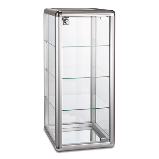 Aluminium/Glass Countertop Display Cabinet with 3 Glass Shelves and Lock - Silver