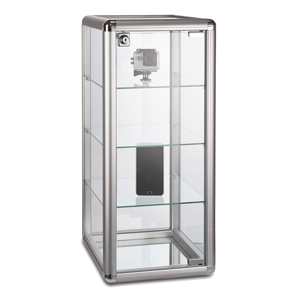 Aluminium/Glass Countertop Display Cabinet with 3 Glass Shelves and Lock - Silver