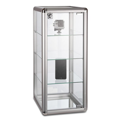 Aluminium/Glass Countertop Display Cabinet with 3 Glass Shelves and Lock - Silver