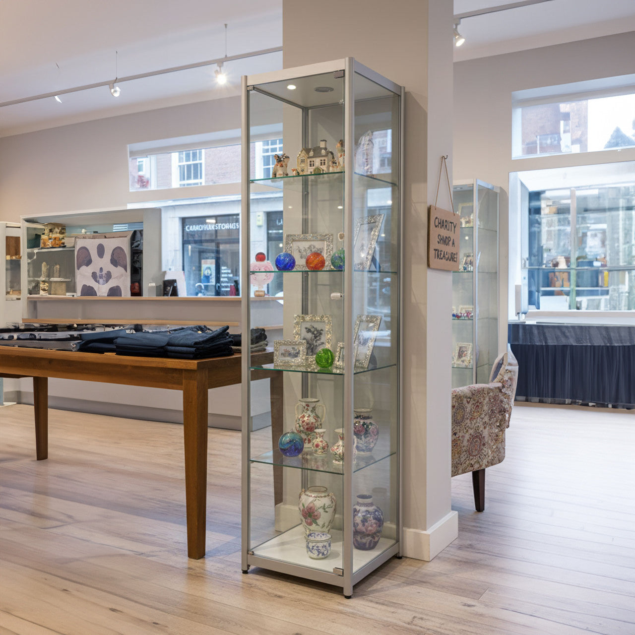 Skyline Aluminium Tower Showcase All - Glass Display with 4 Glass Shelves - Single Door