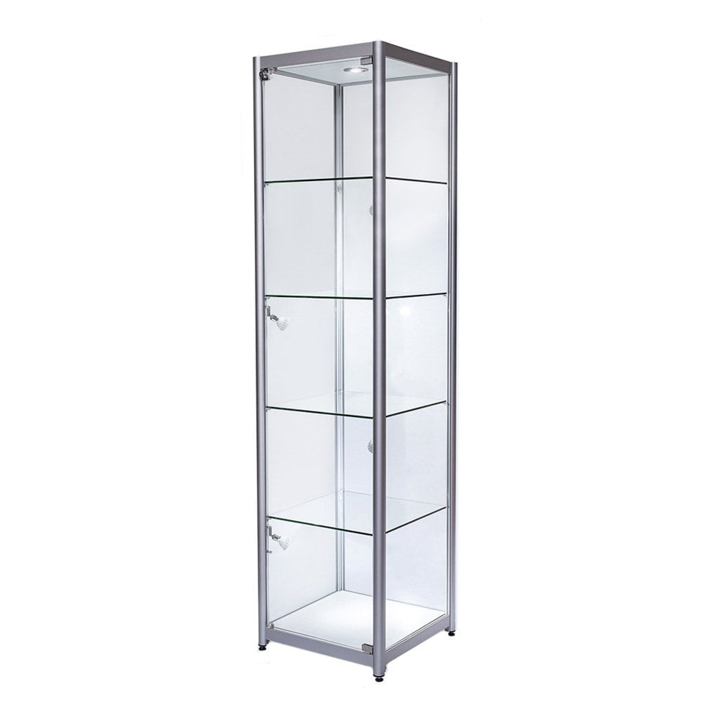 Skyline Aluminium Tower Showcase All - Glass Display with 4 Glass Shelves - Single Door