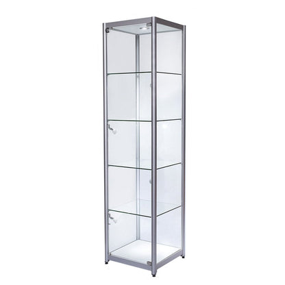 Skyline Aluminium Tower Showcase All - Glass Display with 4 Glass Shelves - Single Door