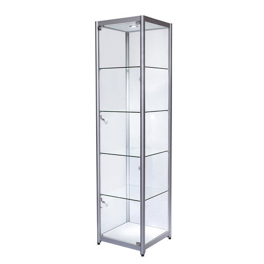 Skyline Aluminium Tower Showcase All - Glass Display with 4 Glass Shelves - Single Door