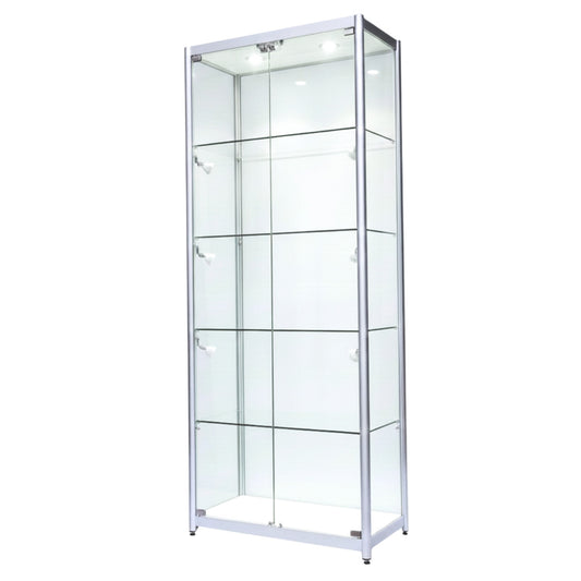 Skyline Aluminium Tower Showcase All - Glass Display with 4 Glass Shelves - Double Door