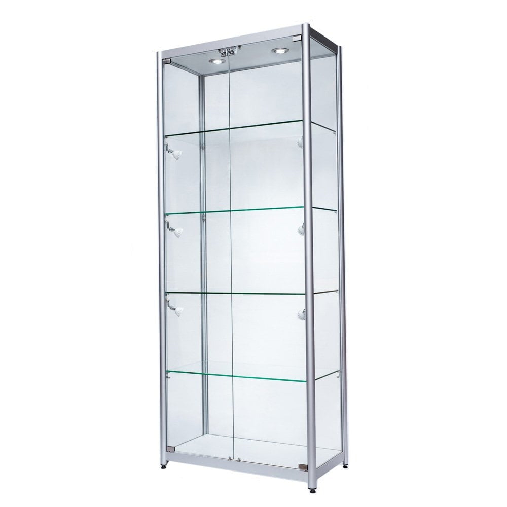 Skyline Aluminium Tower Showcase All - Glass Display with 4 Glass Shelves - Double Door