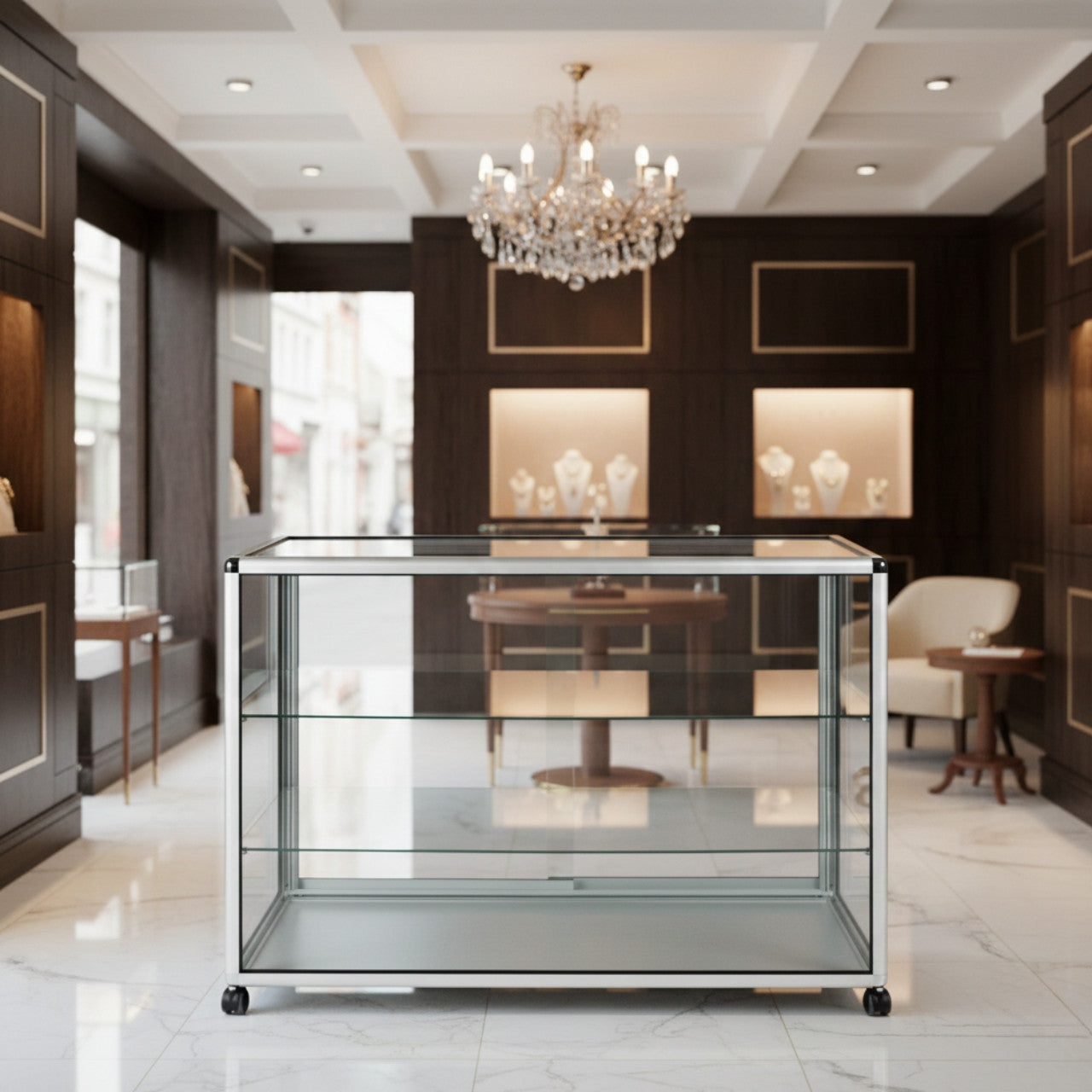 Glass Display Counter With or Without Mini Spotlights with 2 Glass Shelves - Contour Range