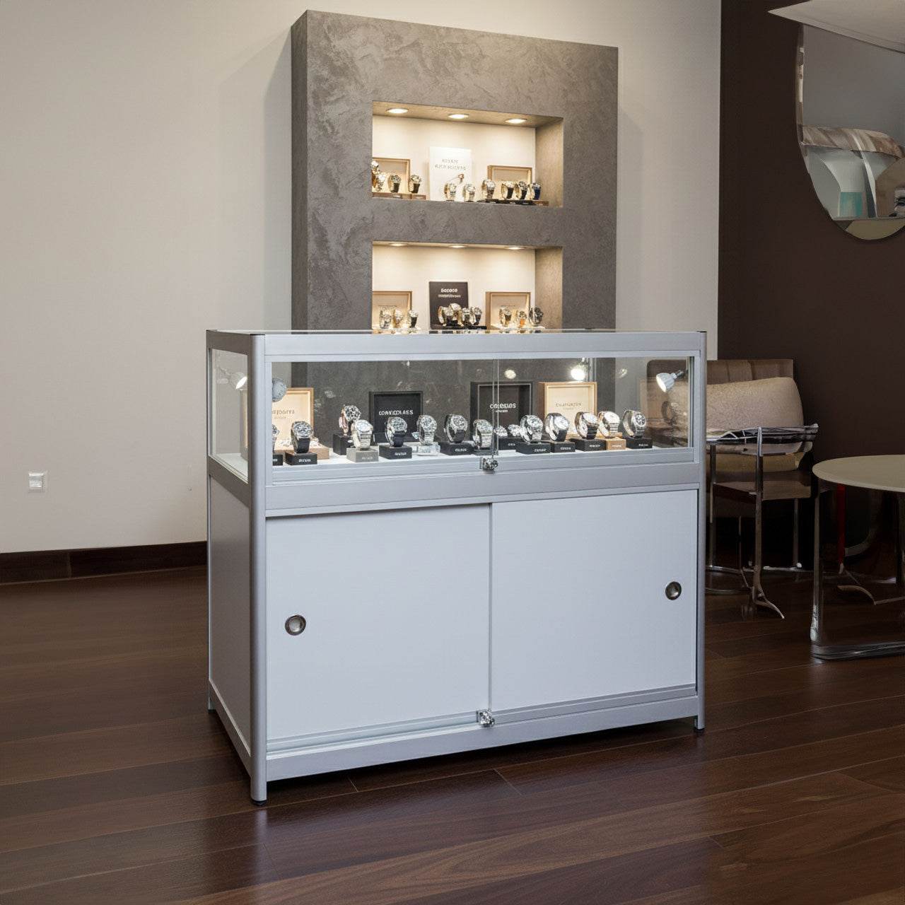 Skyline Slim Aluminium Showcase with 1/3 Glass Display and Storage Cupboard