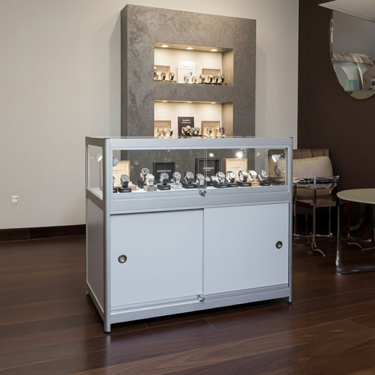 Skyline Slim Aluminium Showcase with 1/3 Glass Display and Storage Cupboard