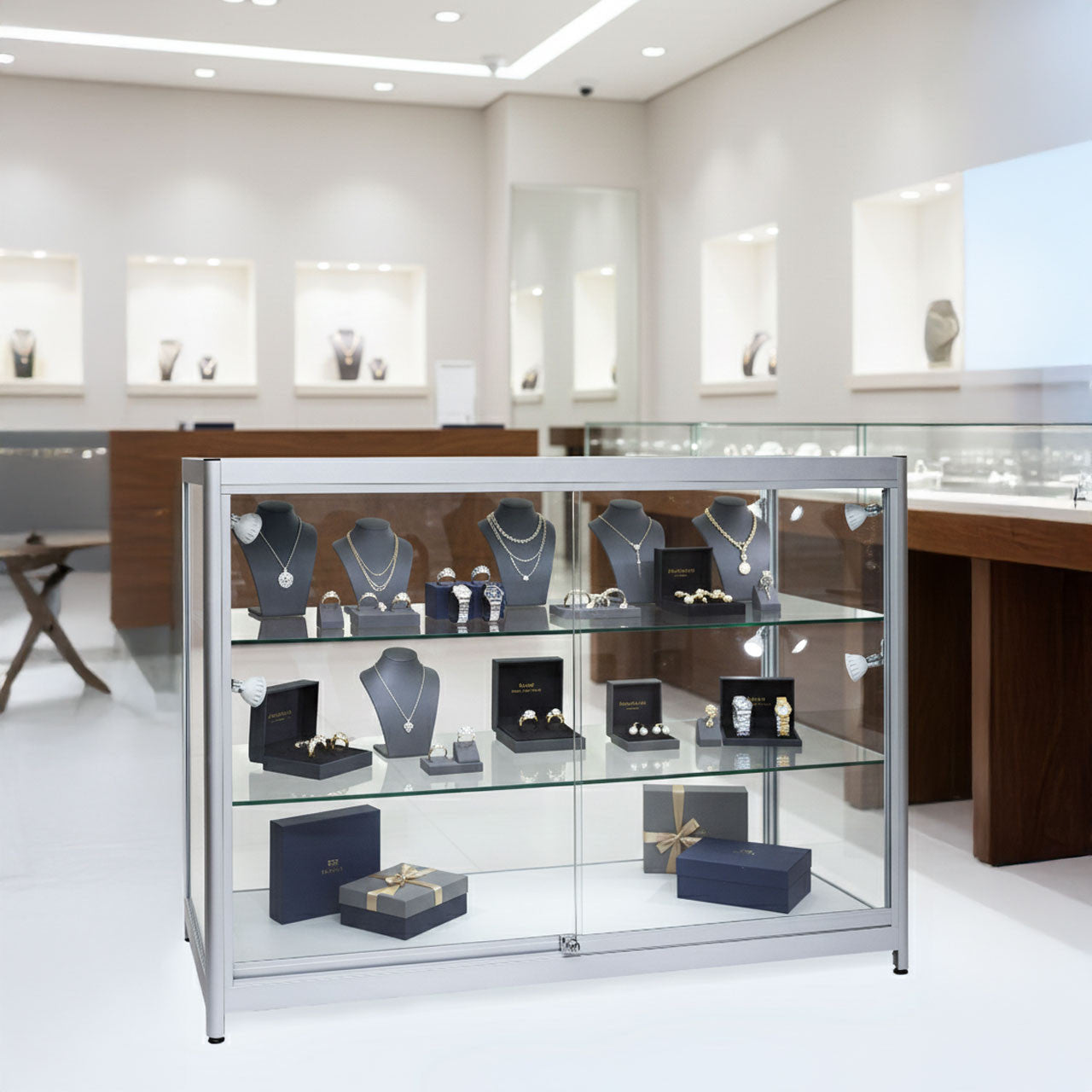 Skyline Slim Aluminium Showcase All - Glass Display with 2 Glass Shelves
