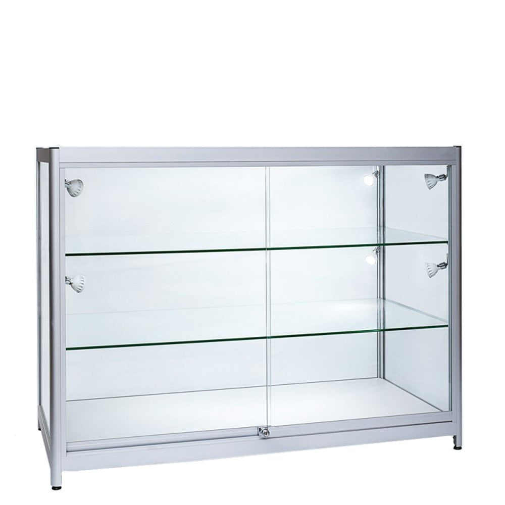 Skyline Aluminium Showcase All - Glass Display with 2 Glass Shelves