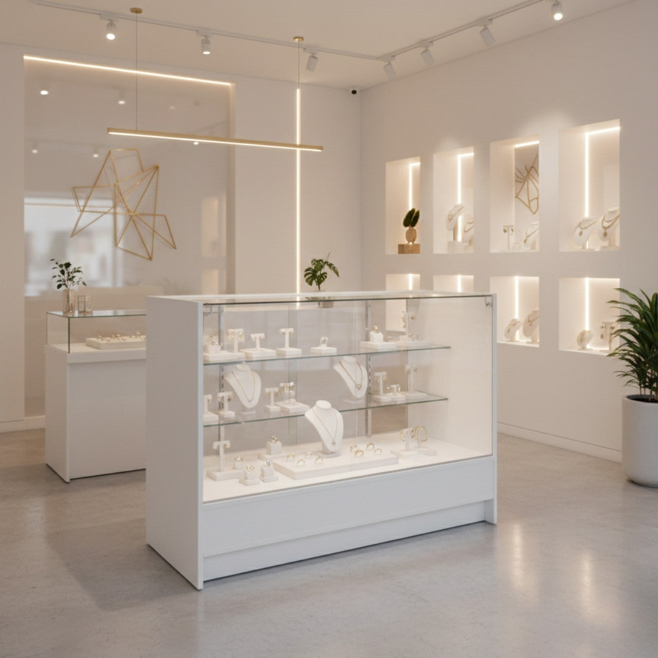Aura White Shop Counter With Glass Top 2 Shelves and Storage