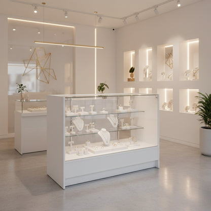 Aura White Shop Counter With Glass Top 2 Shelves and Storage