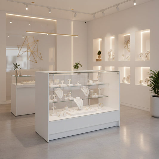 Aura White Shop Counter With Glass Top 2 Shelves and Storage