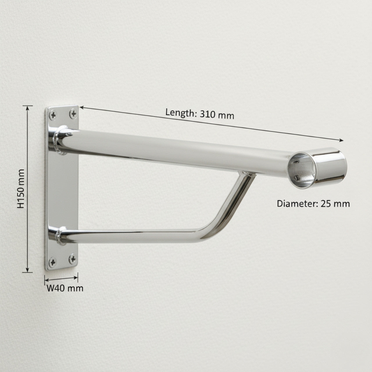 Heavy Duty Chrome Support Arm For up to 25mm Diameter tube - Wall fix