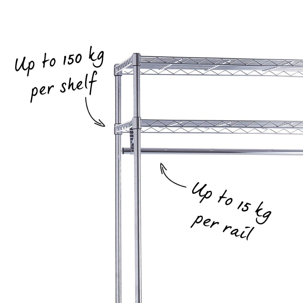 Chrome Wire Clothes Rack - 1 x Rail & 3 x Shelves - H1800 x W900 x D450mm