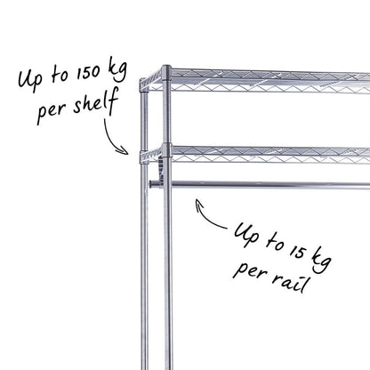 Chrome Wire Clothes Rack - 2 x Rails & 3 x Shelves - H2100 x W1200 x D450mm