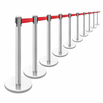 10 x Retractable Belt Barrier Posts - Polished Stainless Steel Posts with Webbed Belts