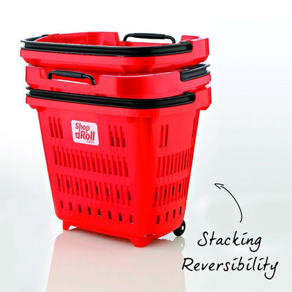 Red Plastic Shopping Basket With Wheels And Telescopic Handle - 34L