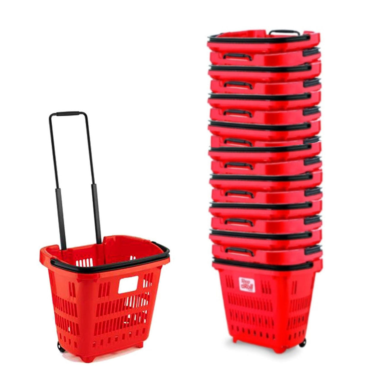 Red Plastic Shopping Basket With Wheels And Telescopic Handle - 34L