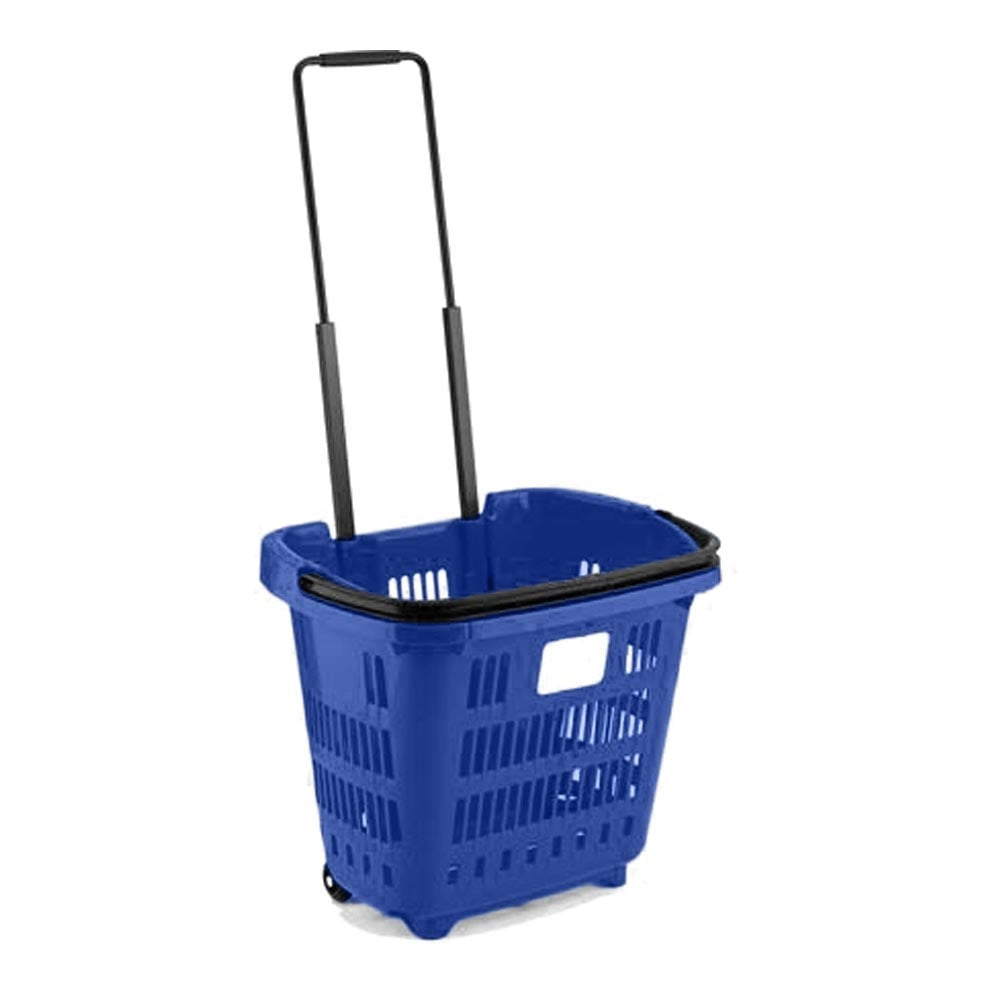 Blue Plastic Shopping Basket With Wheels And Telescopic Handle - 34L