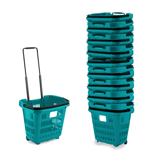 Turquoise Plastic Shopping Basket With Wheels And Telescopic Handle - 34L