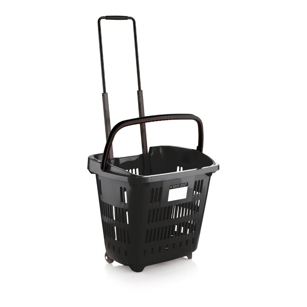 Black Plastic Shopping Basket With Wheels And Telescopic Handle - 34L
