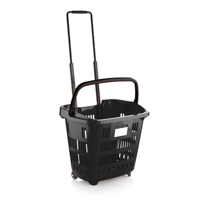 Black Plastic Shopping Basket With Wheels And Telescopic Handle - 34L