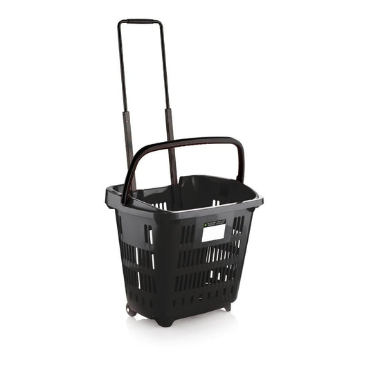 Black Plastic Shopping Basket With Wheels And Telescopic Handle - 34L