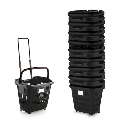 Black Plastic Shopping Basket With Wheels And Telescopic Handle - 34L