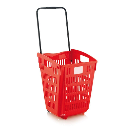 Red Plastic Shopping Basket With Wheels And Telescopic Handle - 52L