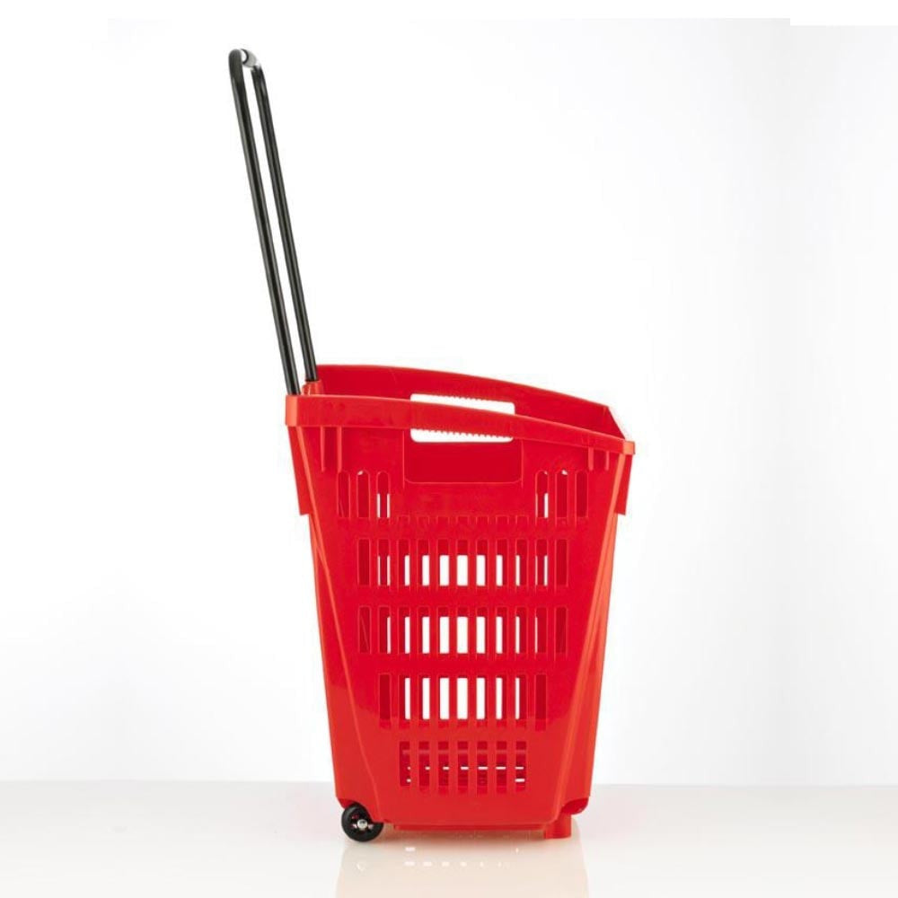 Red Plastic Shopping Basket With Wheels And Telescopic Handle - 52L