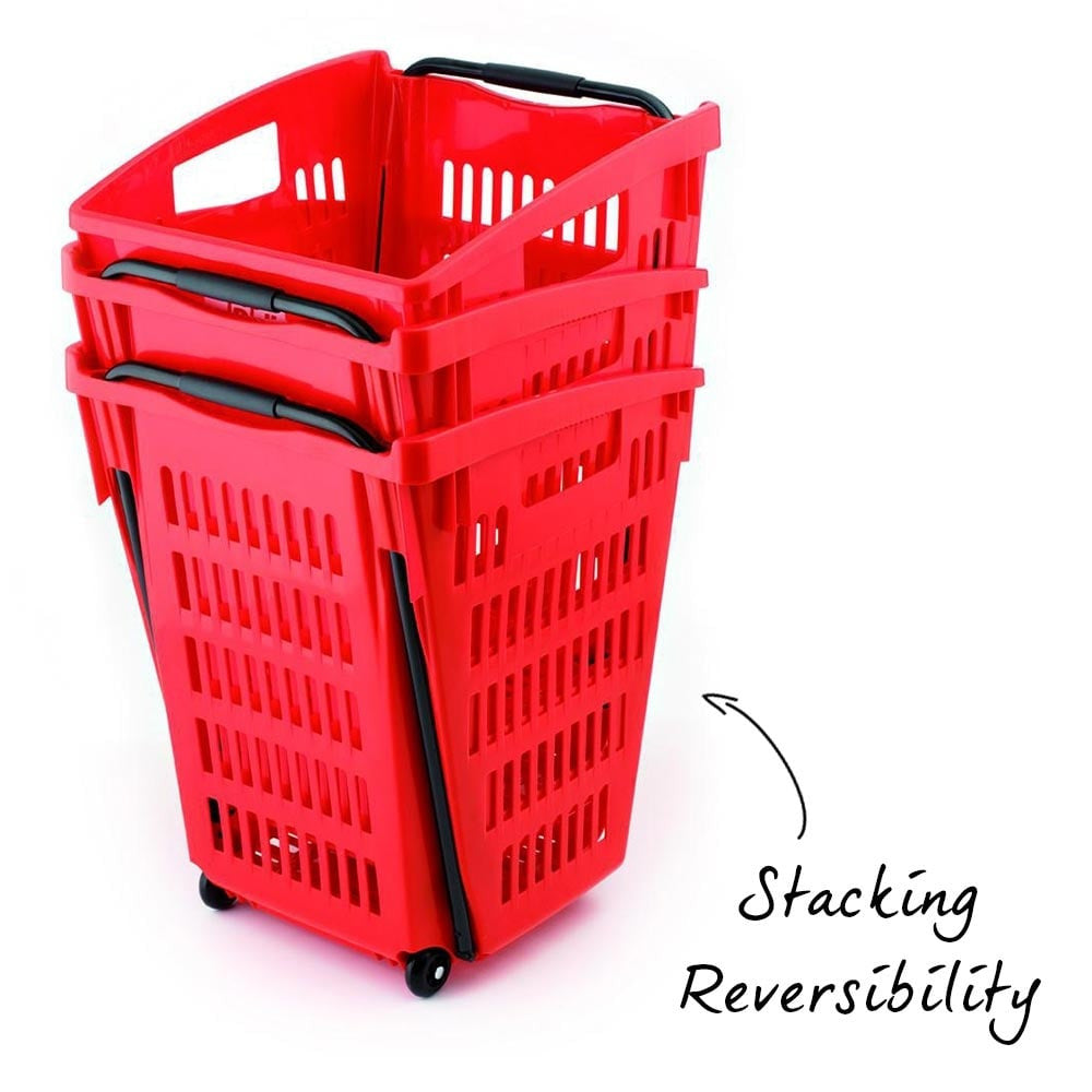 Red Plastic Shopping Basket With Wheels And Telescopic Handle - 52L