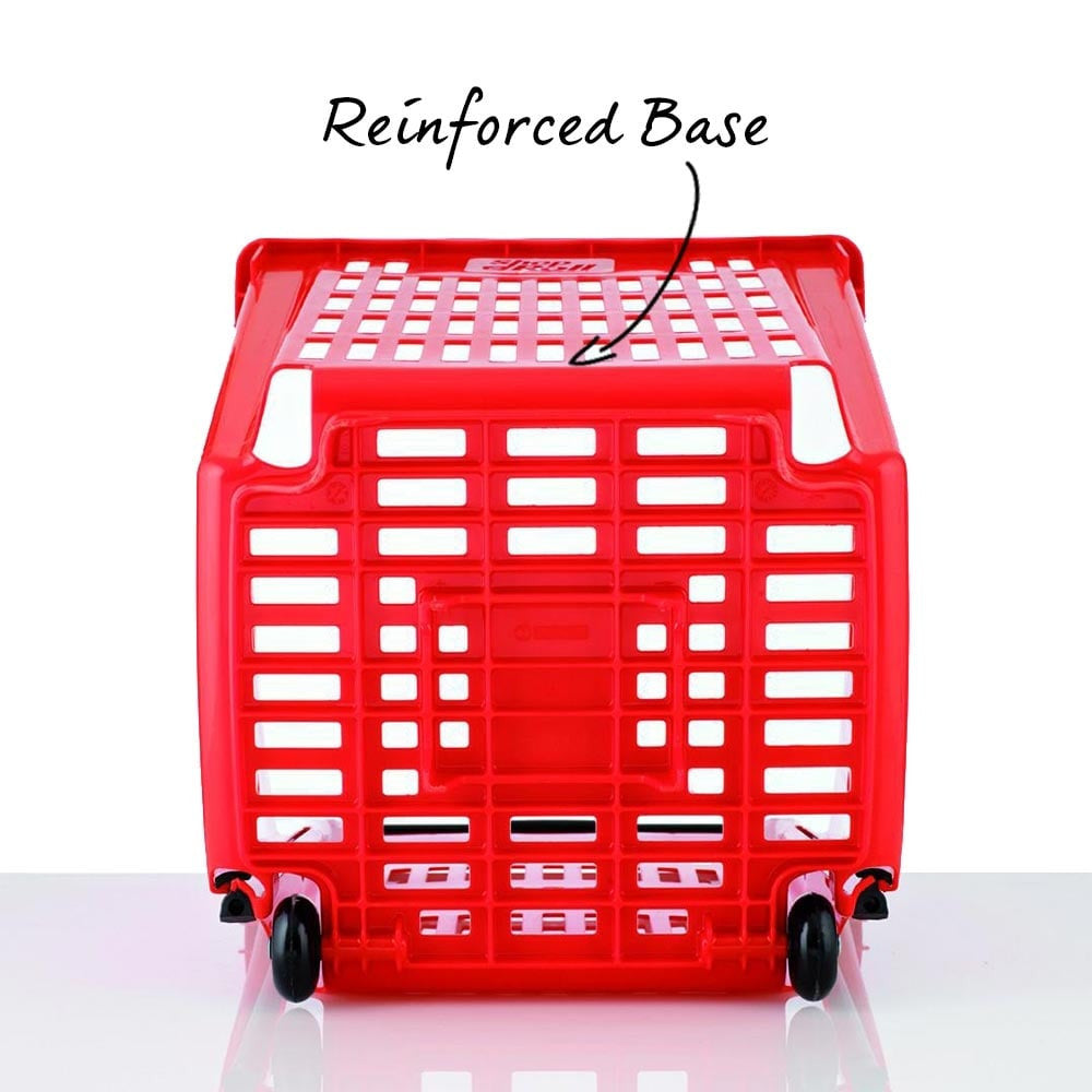 Red Plastic Shopping Basket With Wheels And Telescopic Handle - 52L