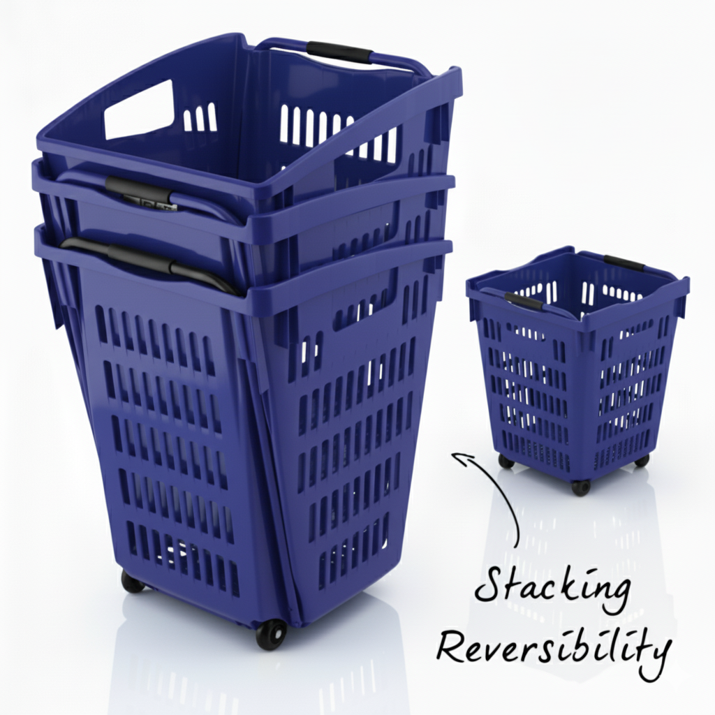 Blue Plastic Shopping Basket With Wheels And Telescopic Handle - 52L
