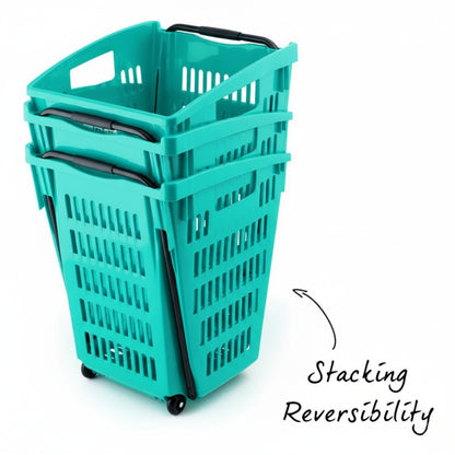 Turquoise Plastic Shopping Basket With Wheels And Telescopic Handle - 52L