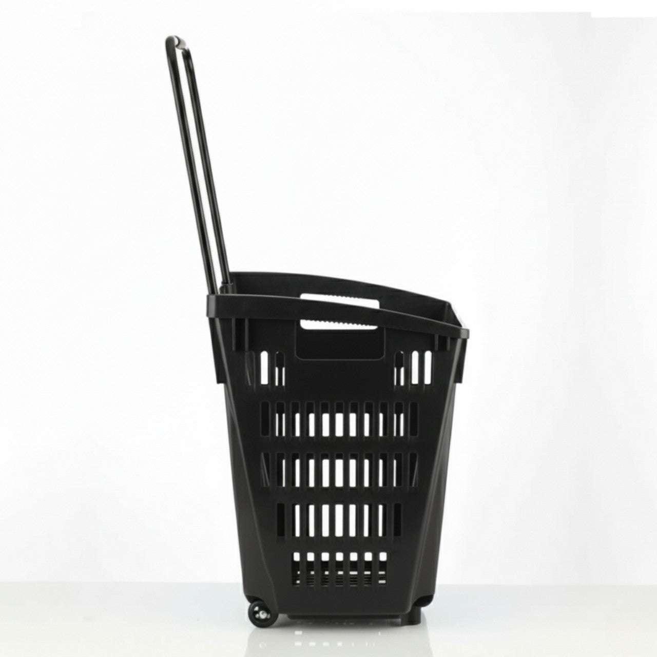 Black Plastic Shopping Basket With Wheels And Telescopic Handle - 52L