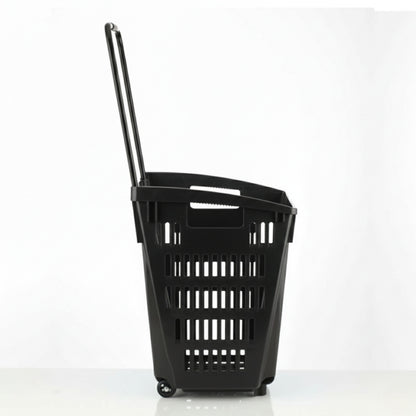 Black Plastic Shopping Basket With Wheels And Telescopic Handle - 52L