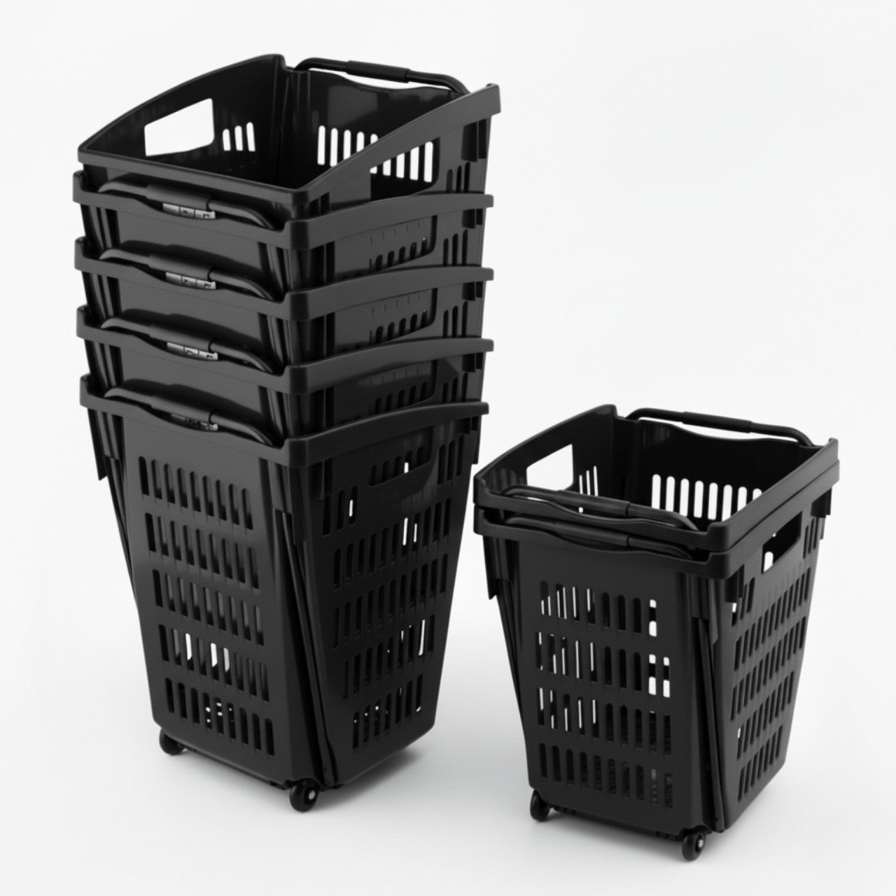 Black Plastic Shopping Basket With Wheels And Telescopic Handle - 52L
