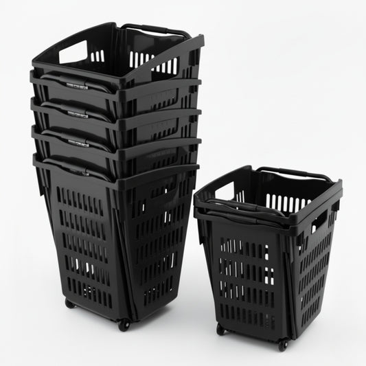 Black Plastic Shopping Basket With Wheels And Telescopic Handle - 52L