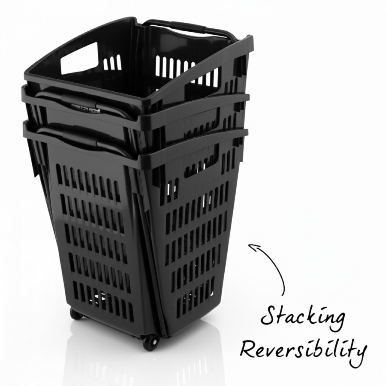 Black Plastic Shopping Basket With Wheels And Telescopic Handle - 52L