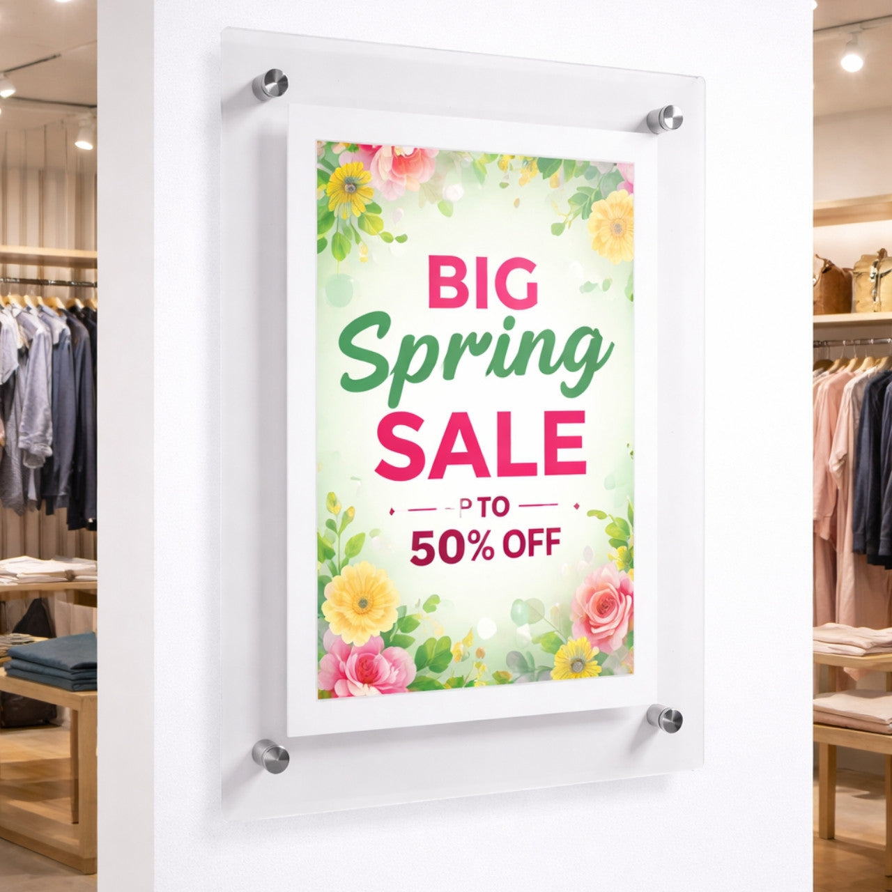 Clear Acrylic Wall Mounted Poster Frame with Satin Finish Stand-Off - A3