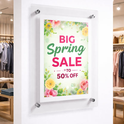 Clear Acrylic Wall Mounted Poster Frame with Satin Finish Stand-Off - A3