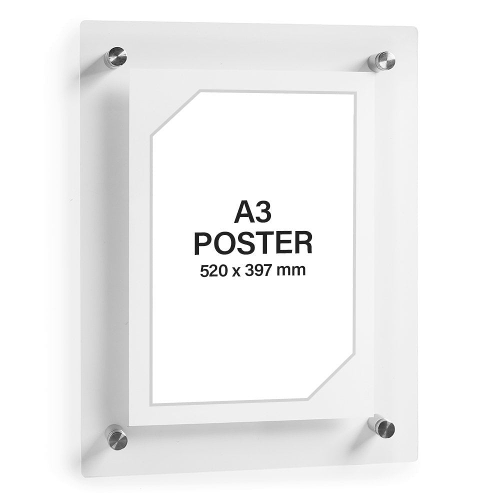 Clear Acrylic Wall Mounted Poster Frame with Satin Finish Stand-Off - A3