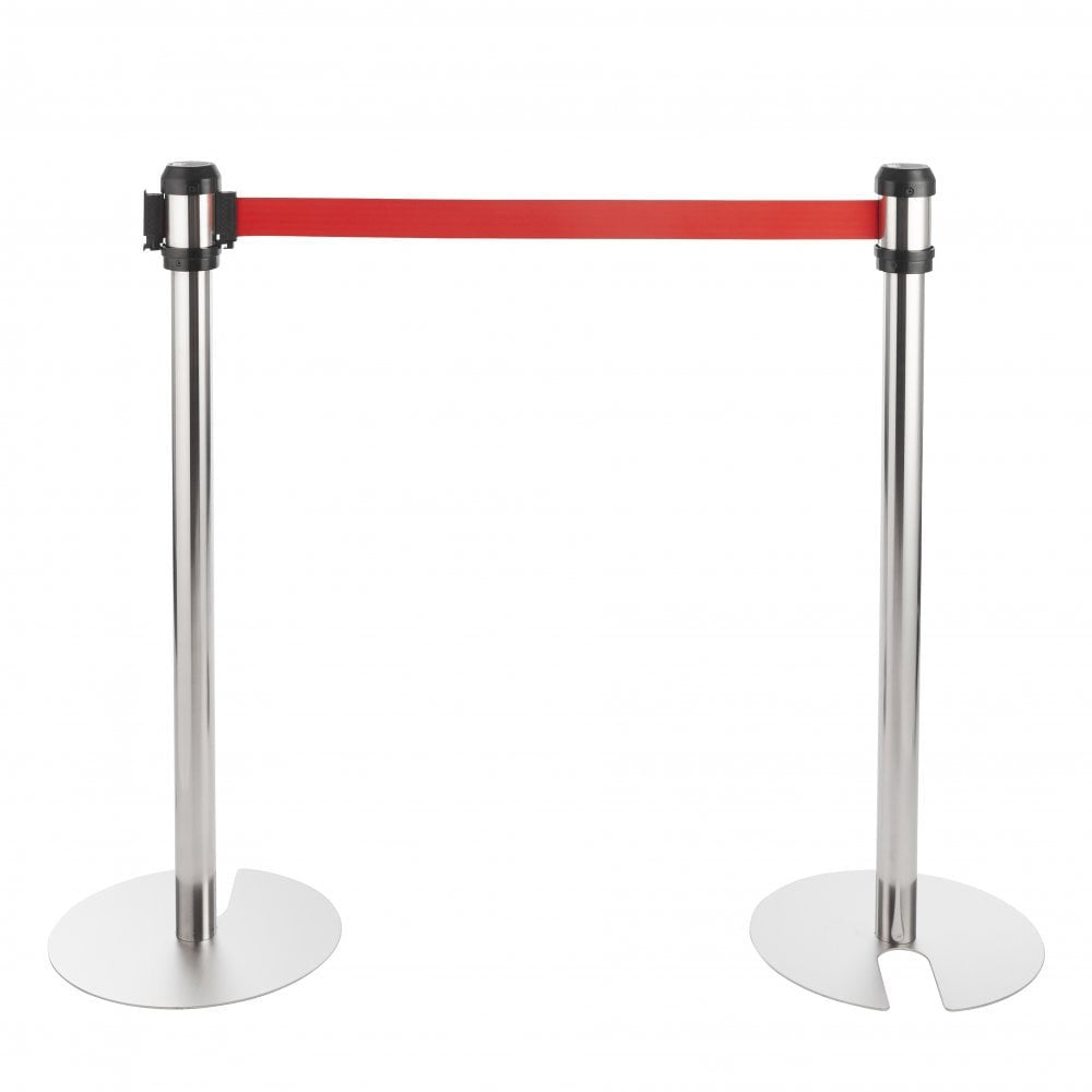 All-Way Stackable Retractable Belt Barriers - Polished Stainless Steel with 2m Red Belts