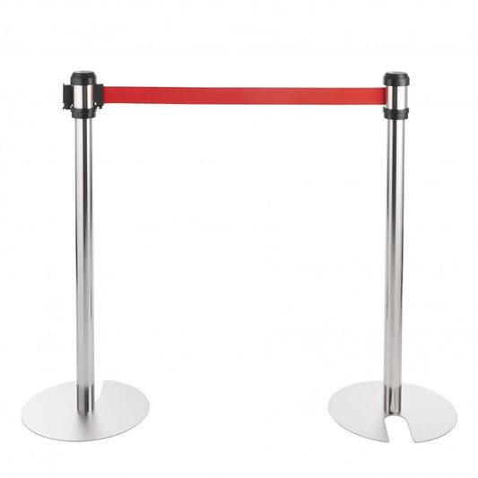 All-Way Stackable Retractable Belt Barriers - Polished Stainless Steel with 2m Red Belts